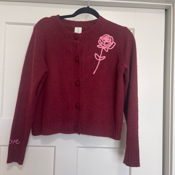 Joie Sweaters - Women's Burgundy Sweater with Pink Rose Embroidery
